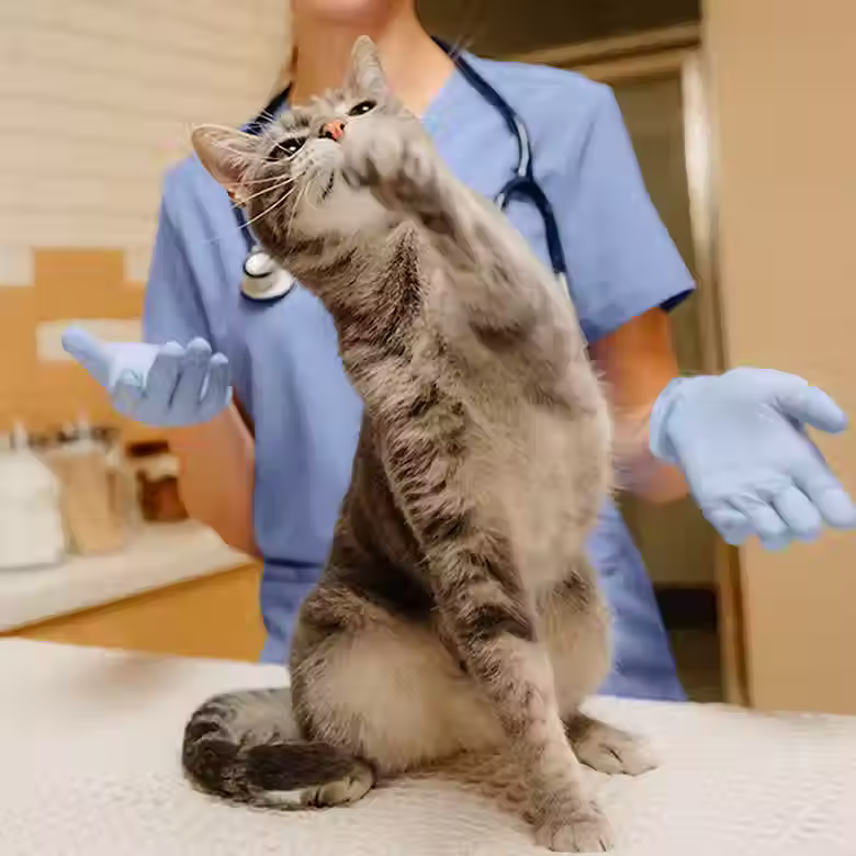 Cat on examination table and veterinarian